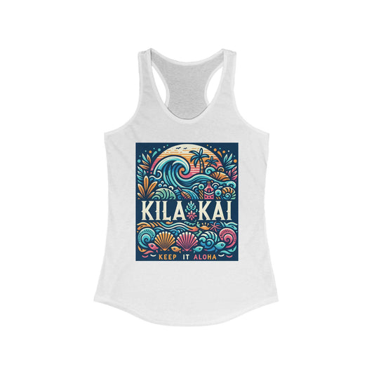 Racerback Tank Top, Kila Kai Aloha Design, Women's Tropical Sleeveless Shirt, Beach Vacation Apparel, Hawaiian Racer Back Tee, Aloha Tank,